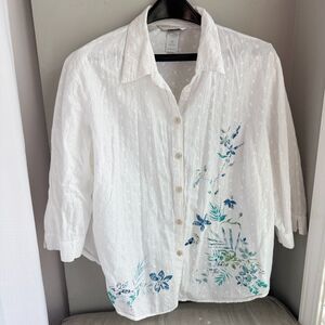 Napa Valley Woman Women's 2X White Cotton Embroidered Button Up Blouse Floral